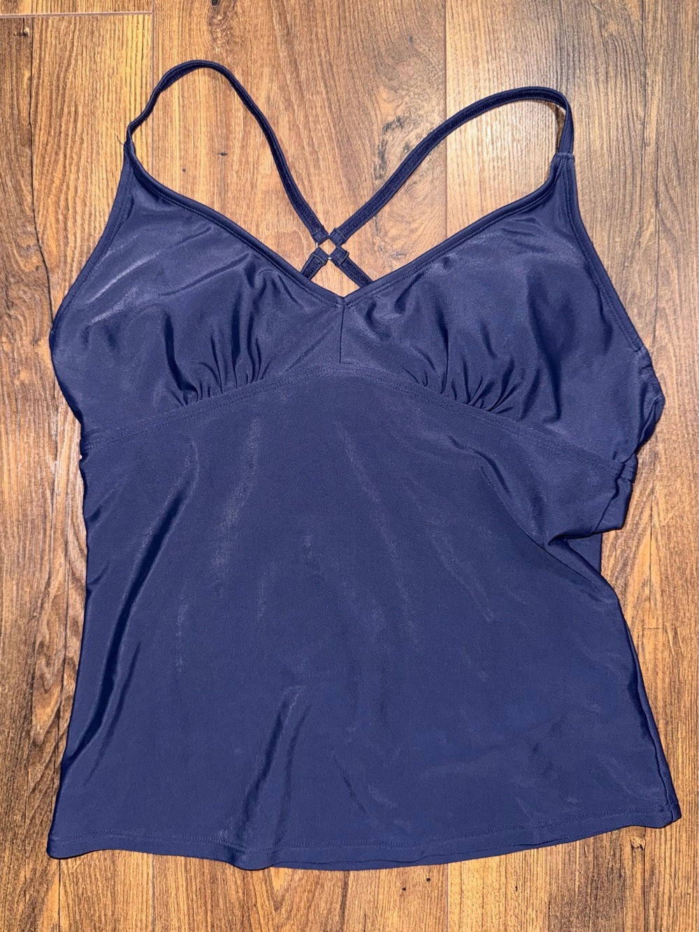 Athleta Navy Blue Tankini Swim Top 34 B/C Built In Bra Crisscross Back